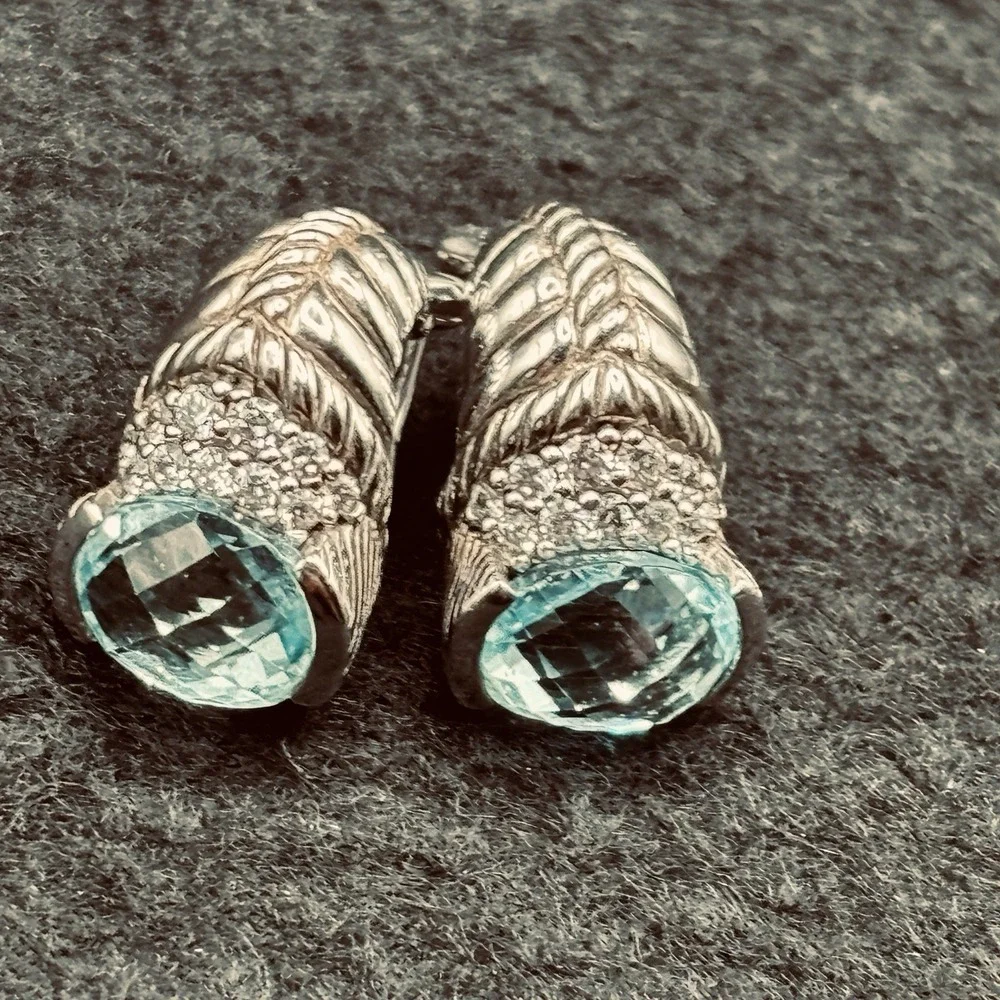Judith Ripka Sterling Silver Blue Topaz Diamonique Shrimp Earrings Designer